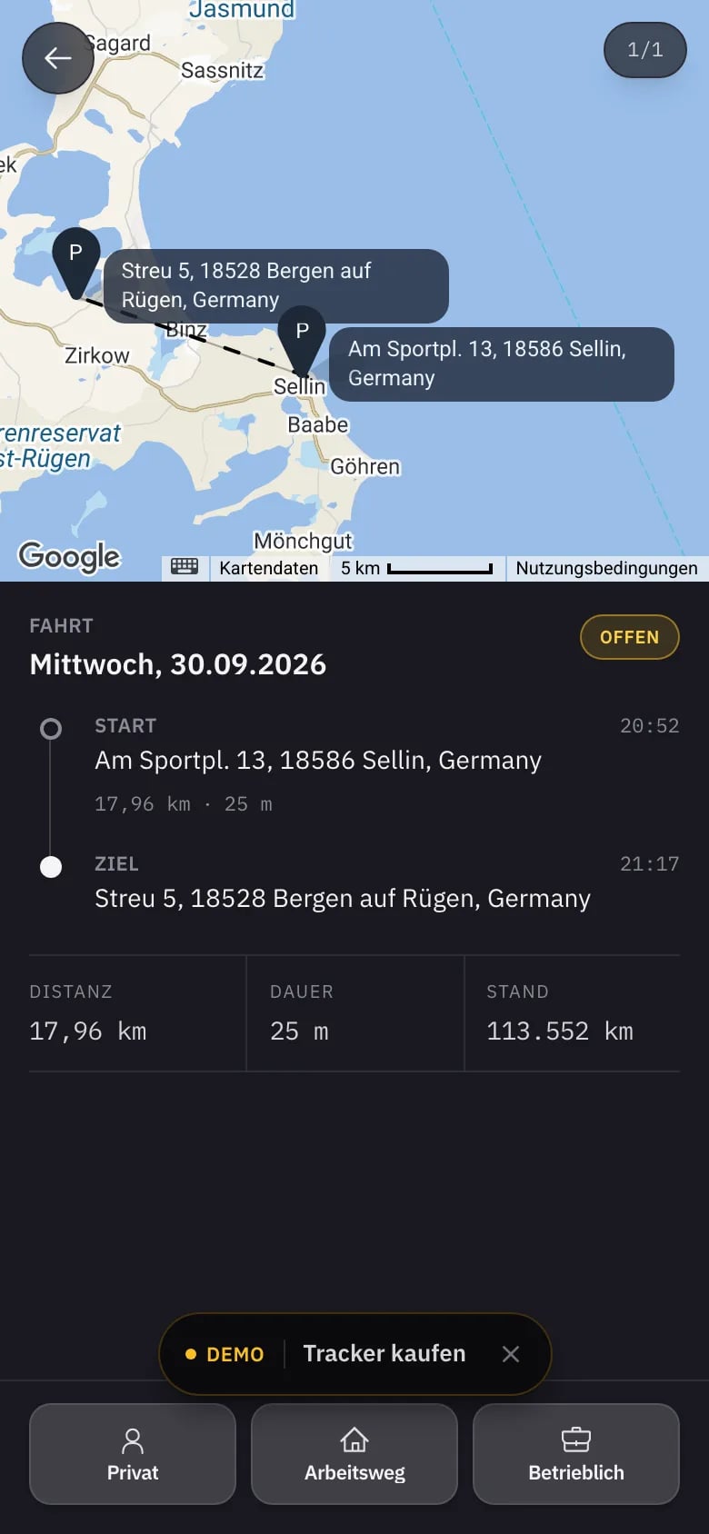 Fahrtdetail im FLOTTR Fahrtenbuch mit Route und den Kategorien Privat, Arbeitsweg, Betrieblich