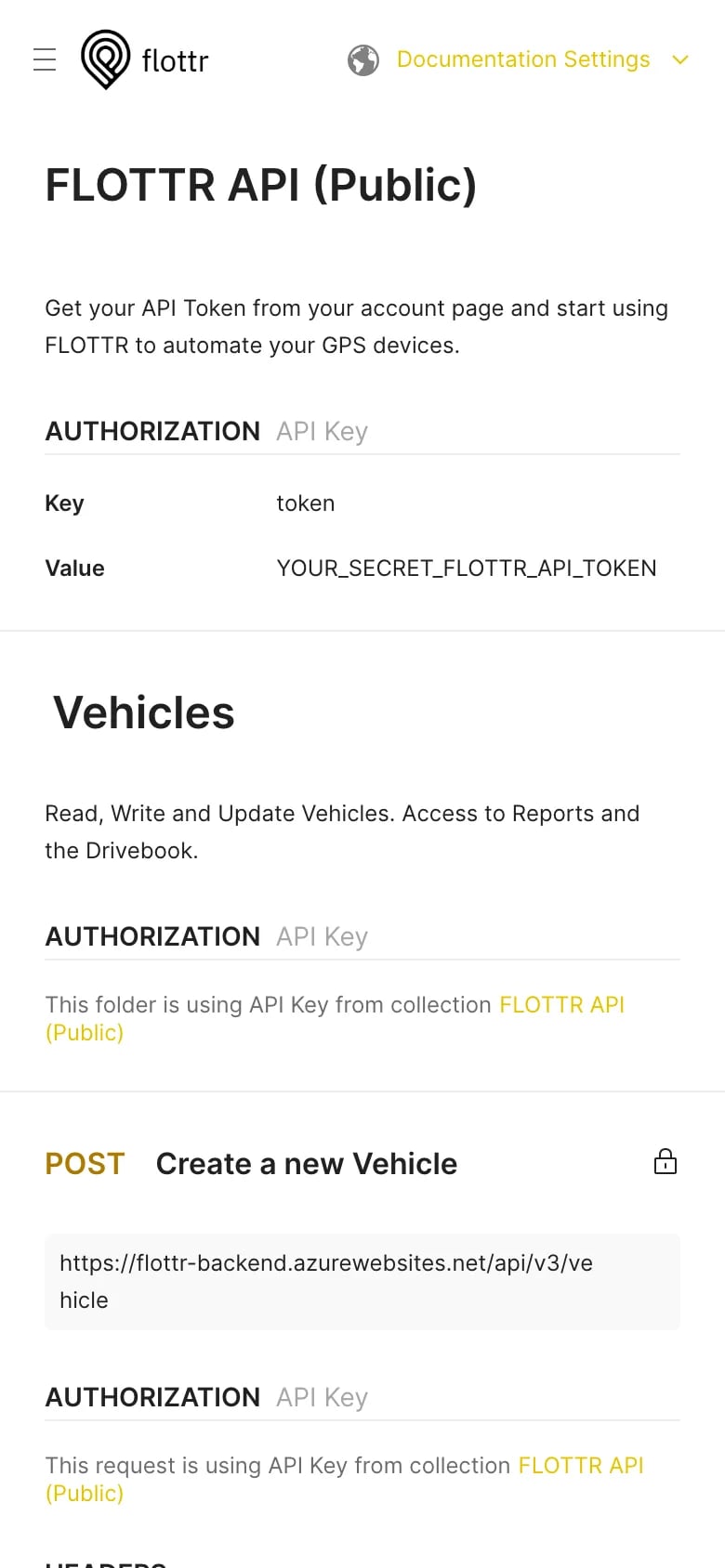 FLOTTR API-Dokumentation mit dem Endpunkt zum Anlegen eines Fahrzeugs