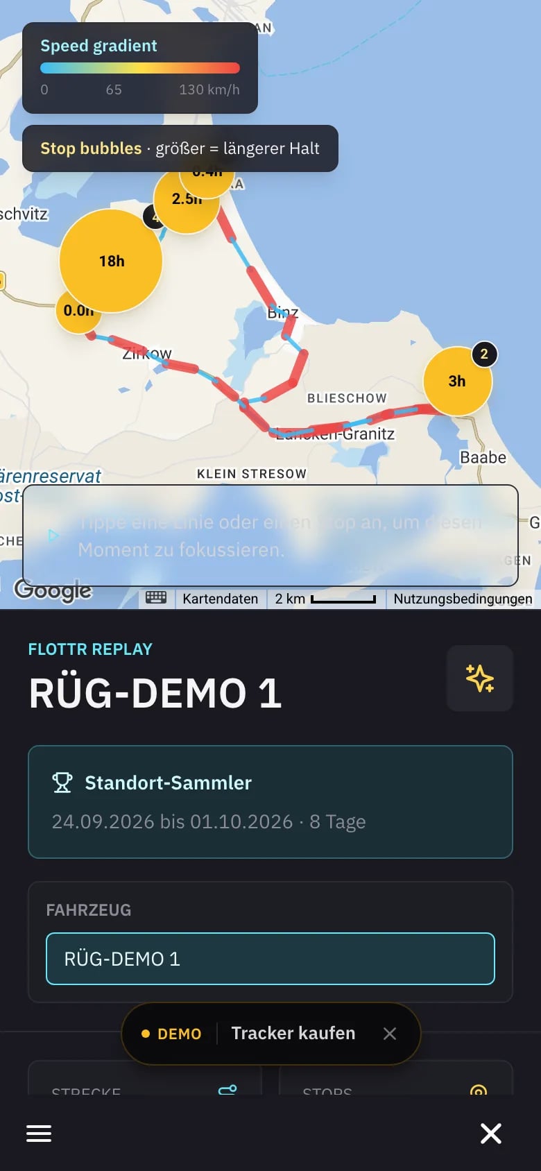 FLOTTR Routenrückblick mit Strecken und Stopps über acht Tage