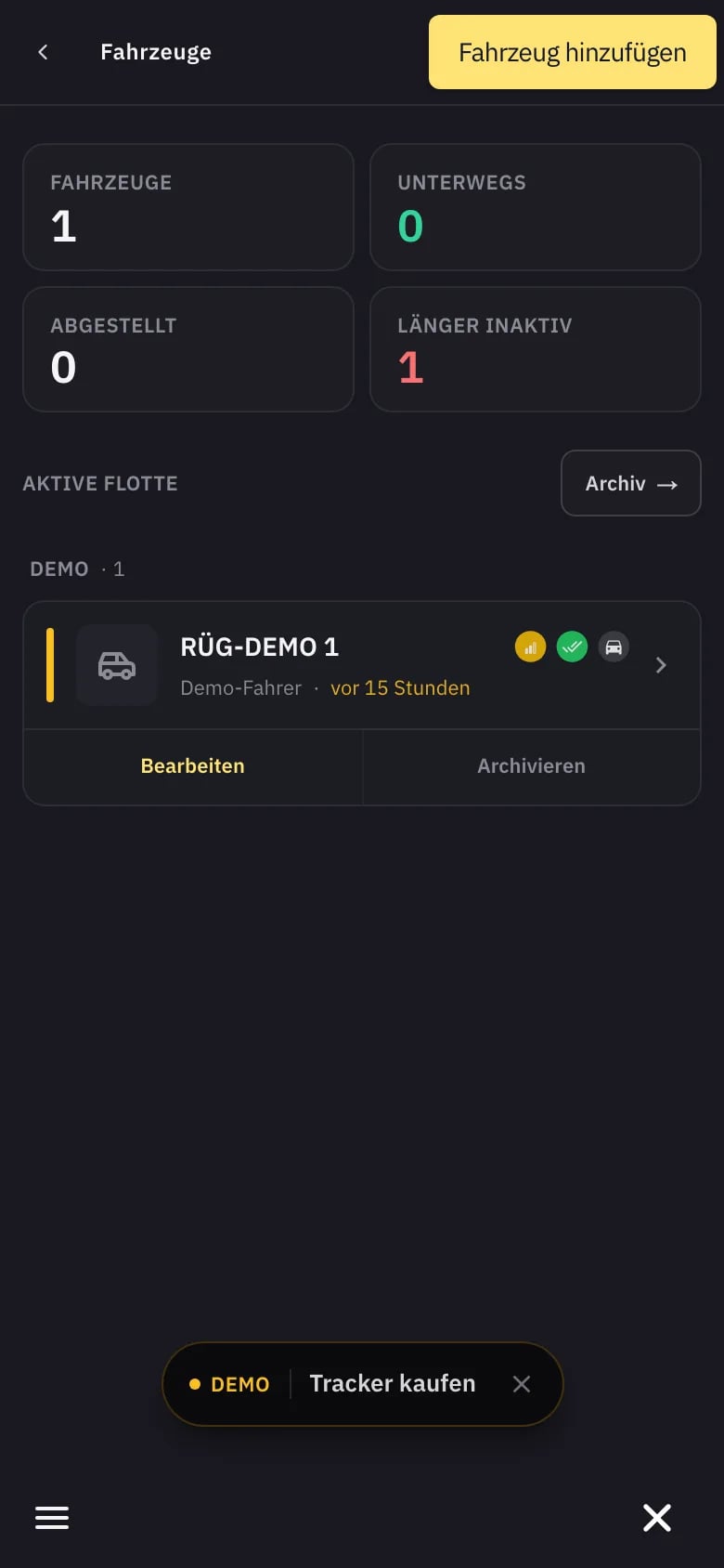 FLOTTR Fahrzeugliste mit RÜG-DEMO 1 und Flottenkennzahlen