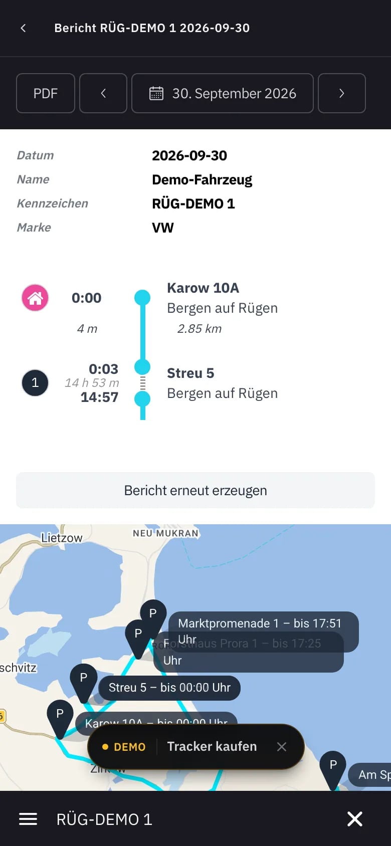 FLOTTR Tagesbericht für RÜG-DEMO 1 mit Stopps und Route auf Rügen