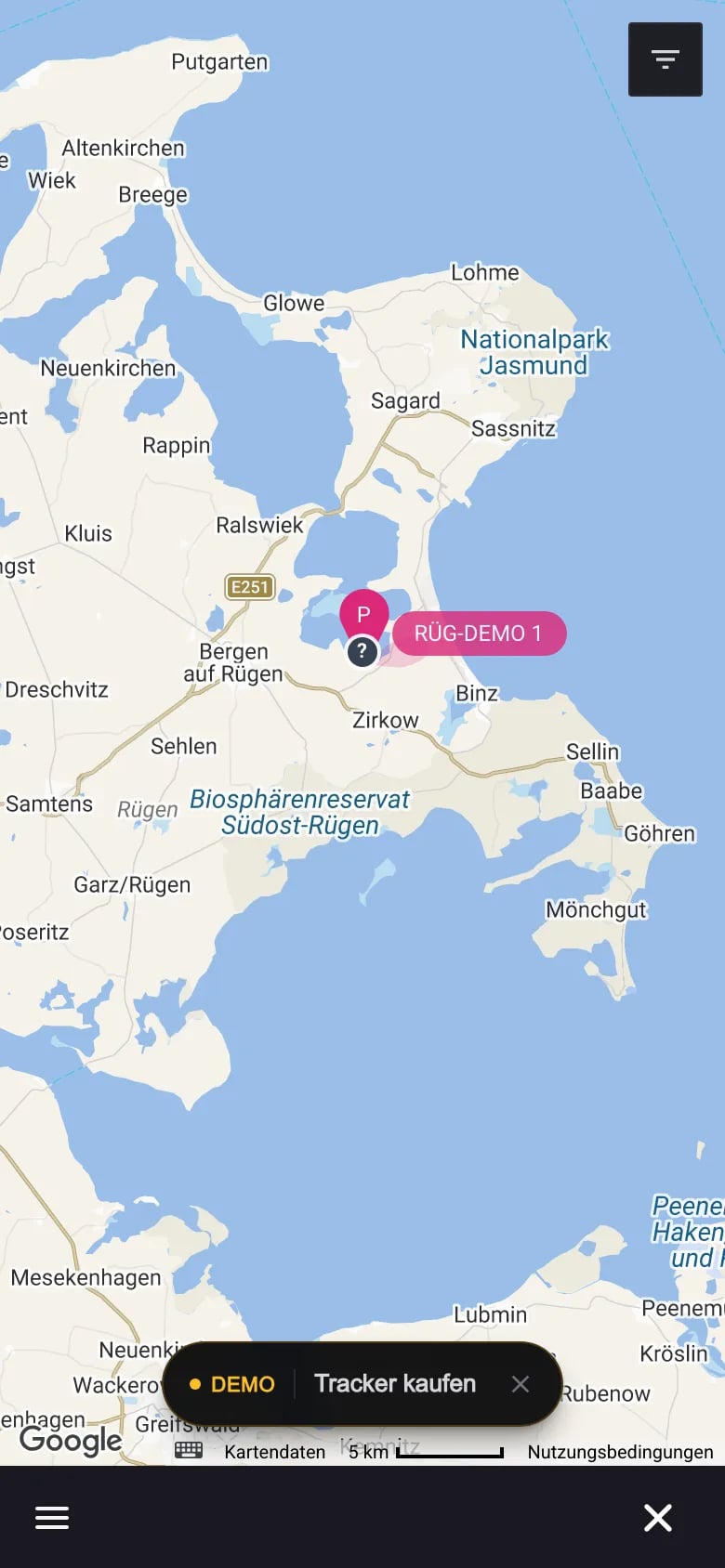FLOTTR Karte mit dem Fahrzeug RÜG-DEMO 1 auf Rügen