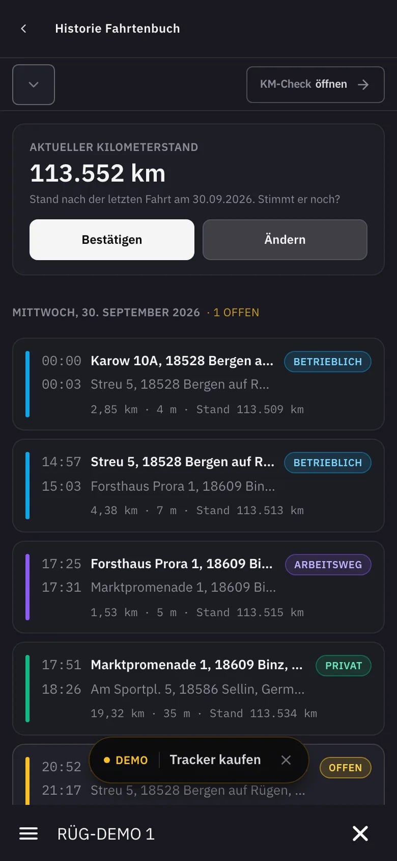FLOTTR Fahrtenbuch mit zugeordneten Fahrten: betrieblich, privat und offen